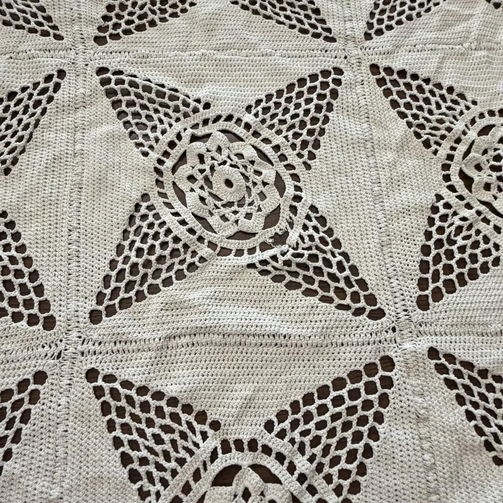 Vintage Handmade Crochet Table Topper 37x34 Floral Medallion Read Description